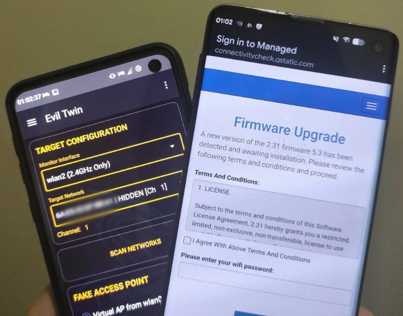 Tre smartphone con schermate diverse: dark theme con testo giallo, blu con testo bianco piccolo, light blue con testo leggibile su firmware update.