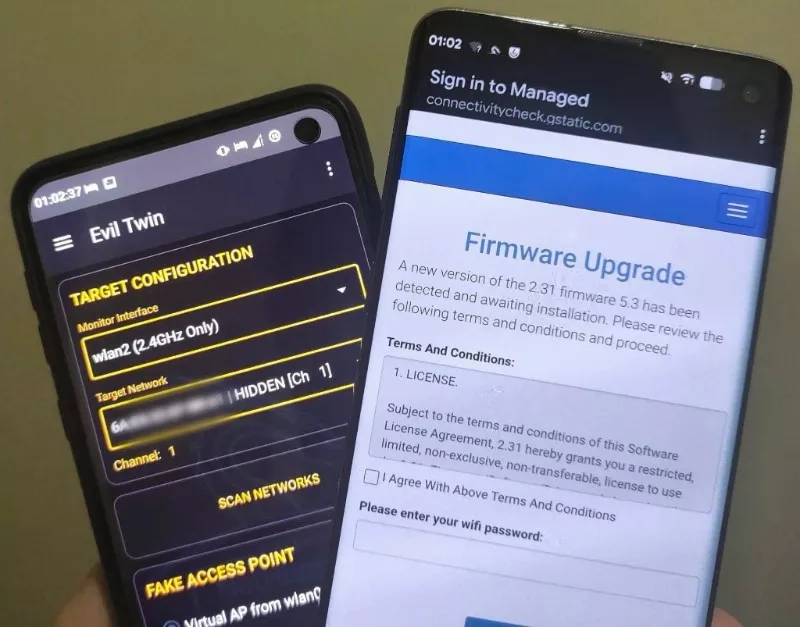 Tre smartphone con schermate diverse: dark theme con testo giallo, blu con testo bianco piccolo, light blue con testo leggibile su firmware update.