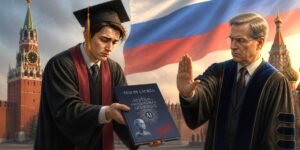 Un tesista triste consegna una tesi con segni di intelligenza artificiale al professore che gli fa cenno di no, con la bandiera russa e il Cremlino dietro.
