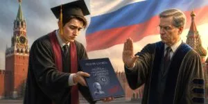 Un tesista triste consegna una tesi con segni di intelligenza artificiale al professore che gli fa cenno di no, con la bandiera russa e il Cremlino dietro.