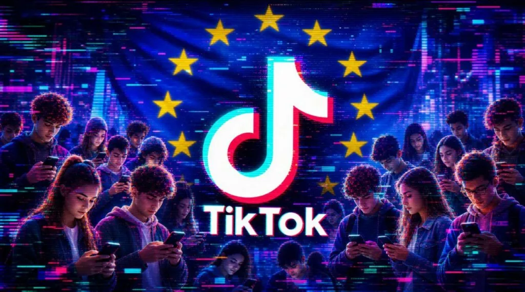 Logo TikTok centrale con bandiera europea sullo sfondo, ragazzi intorno a smartphone, contesto UE e accuse sull'algoritmo che tiene i giovani incollati alla piattaforma