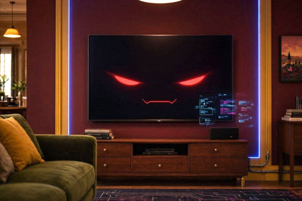 TV intelligente con occhi rossi e espressione furba e feroce in un salotto con colori da sala da pranzo e elementi cyber