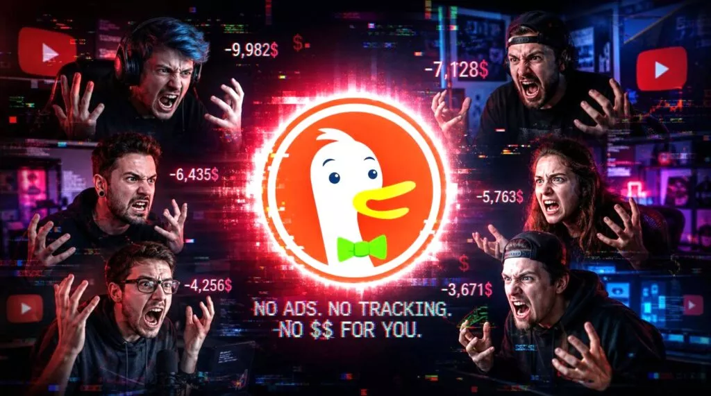 Un utente in un ufficio moderno guarda video su YouTube senza pubblicità con DuckDuckGo, sorride e il browser mostra un video in streaming senza interruzioni.