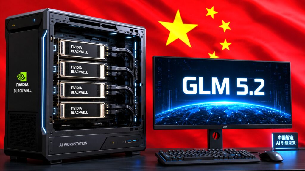 Workstation tecnologica con quattro GPU NVIDIA Blackwell, monitor con logo GLM 5.2 e bandiera cinese in sfondo, rappresentando la guerra delle intelligenze artificiali.