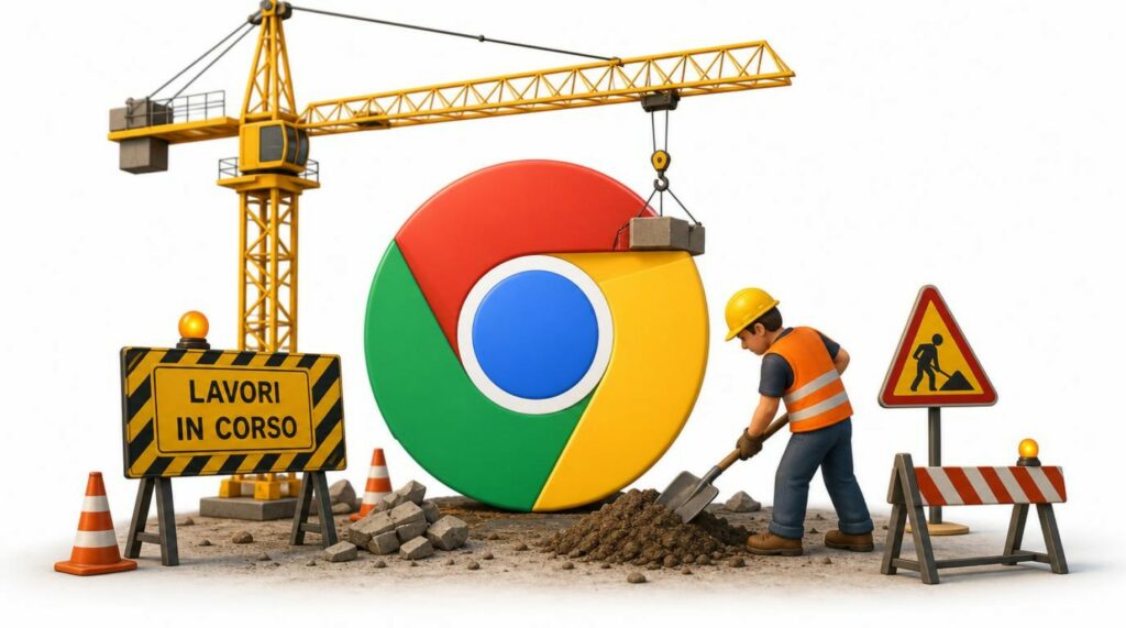 Crane che solleva un grande cartello circolare con scritto Google Chrome, con operai edili in background e barriere di sicurezza in primo piano