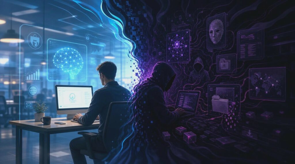 A sinistra, un uomo lavora in un ufficio con ologrammi blu (cervello neurale, grafici). A destra, un hacker incappucciato lavora nell'oscurità con ologrammi viola (reti complesse, maschera). Rappresenta il contrasto tra l'IA benefica e le minacce informatiche.