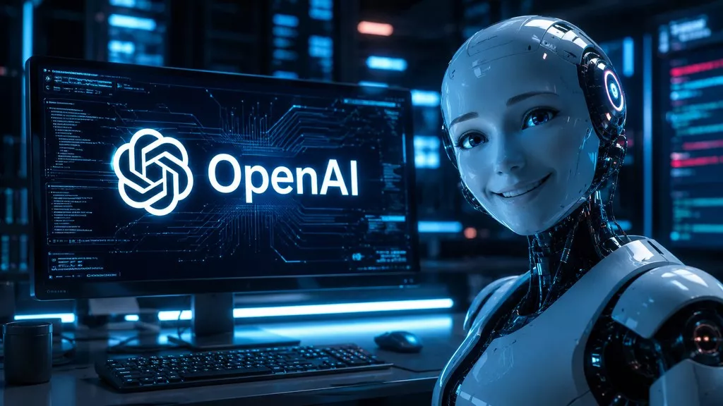 Su un monitor di un computer svetta il logo di OpenAI e accanto un robot umanoide a mezzo busto che sorride.
