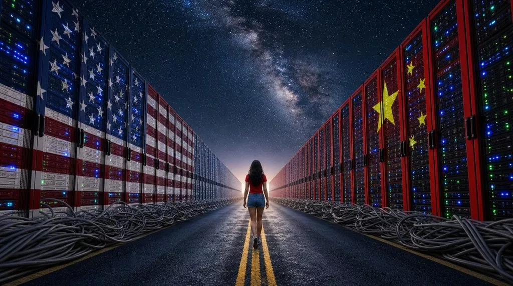 Un'immagine surreale e allegorica catturata da una prospettiva posteriore, che mostra una figura solitaria che cammina lungo una strada asfalta tra file imponenti di server rack. Una donna con capelli lunghi e scuri, che indossa una maglietta rossa e pantaloncini di jeans, cammina lungo le due linee gialle centrali della strada. Ai lati, file massicce e speculari di server data center si estendono verso l'orizzonte. La fila sinistra di rack è decorata con i motivi intrecciati della bandiera degli Stati Uniti (stelle e strisce), mentre la fila destra è decorata con i motivi della bandiera della Cina (grande stella gialla e quattro più piccole su sfondo rosso). I server emettono luci LED blu e verdi. Enormi matasse di cavi di rete spessi e grigi sono ammassate a terra ai piedi di entrambi i lati. La strada si estende fino a un orizzonte luminoso e sfocato, sotto un cielo notturno drammatico con una Via Lattea visibile. La prospettiva crea un corridoio geometrico simmetrico.