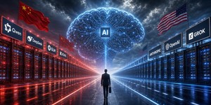 un grande cervello di intelligenza artificiale in fondo e una strada in prospettiva che termina nell'infinito. Una persona cammina in questa strada con una valigetta di lavoro. Sulla destra datacenter che si perdono all'infinito con sopra la bandiera americana e dei cartelli che indicano Anthropic, OpenAI, Grok. Sulla Sinistra dei datacenter che si perdono all'orizzonte con sopra la bandiera della cina e dei cartelli che indicano Qwen, DeepSeek, GLM, Kimi. Immagine prospettica, bella, di impatto.