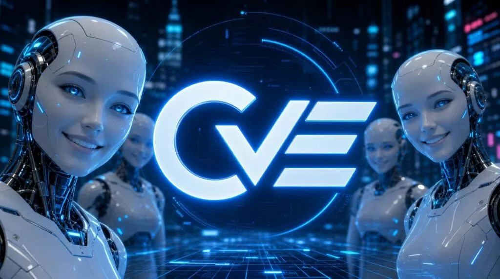 dei robot umanoidi sorridono con al centro il logo delle CVE: Common Vulnerabilities and Exposures