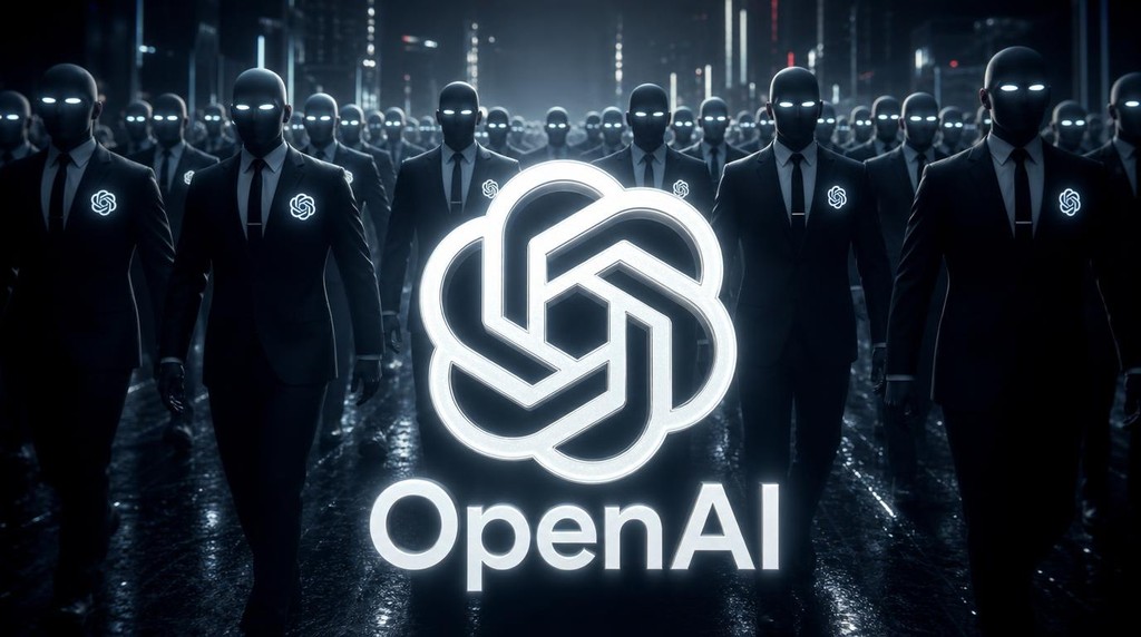 uno sciame dei agenti digitali e in primo piano il logo di OpenAI