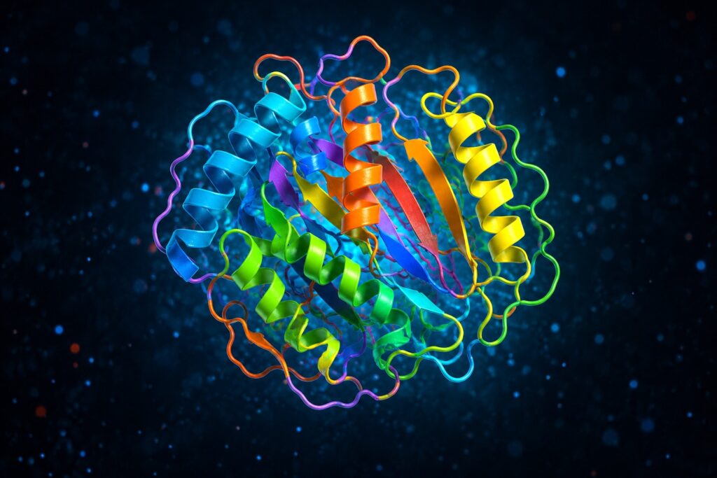 Modello tridimensionale di un ribosoma con RNA colorato, in un ambiente digitale blu, creato con intelligenza artificiale