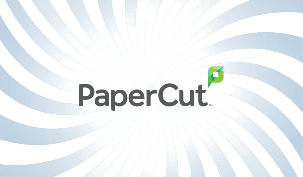 Logo Papercut con target blu e bianco, testo PAPERCUT in bianco