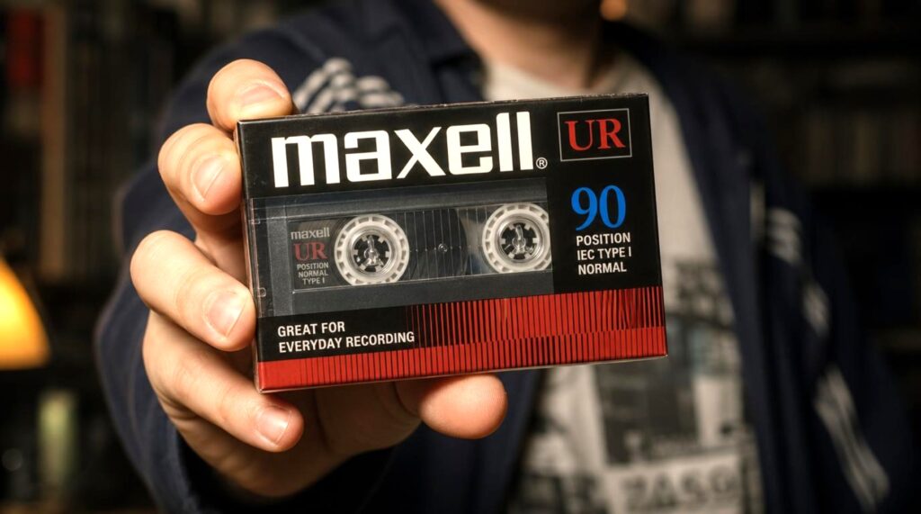 Una persona in giacca scura tiene una cassetta Maxell UR 90 rossa e bianca in un ambiente interno con luce calda
