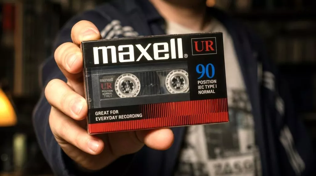 Una persona in giacca scura tiene una cassetta Maxell UR 90 rossa e bianca in un ambiente interno con luce calda