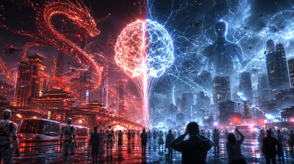 Città futuristica con neon, robot, drago e selfie, tema cyberpunk, colori vivaci