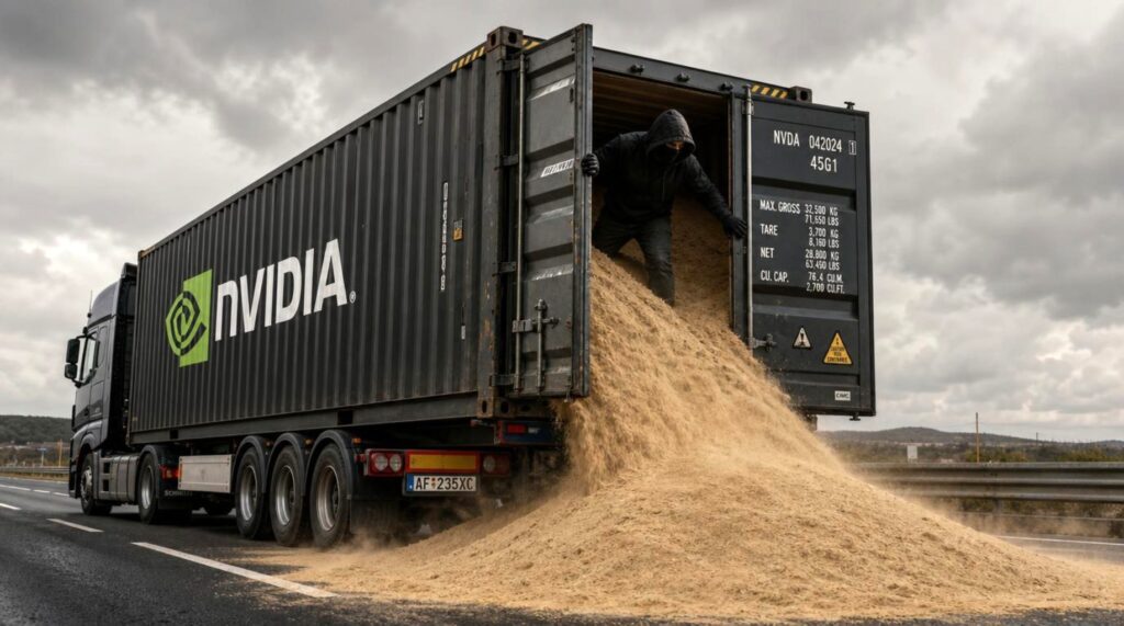 Due camion Nvidia e PlusAI parcheggiati in deserto, circondati da dune di sabbia senza tracce umane e tecnologia abbandonata