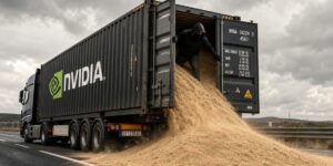 Due camion Nvidia e PlusAI parcheggiati in deserto, circondati da dune di sabbia senza tracce umane e tecnologia abbandonata