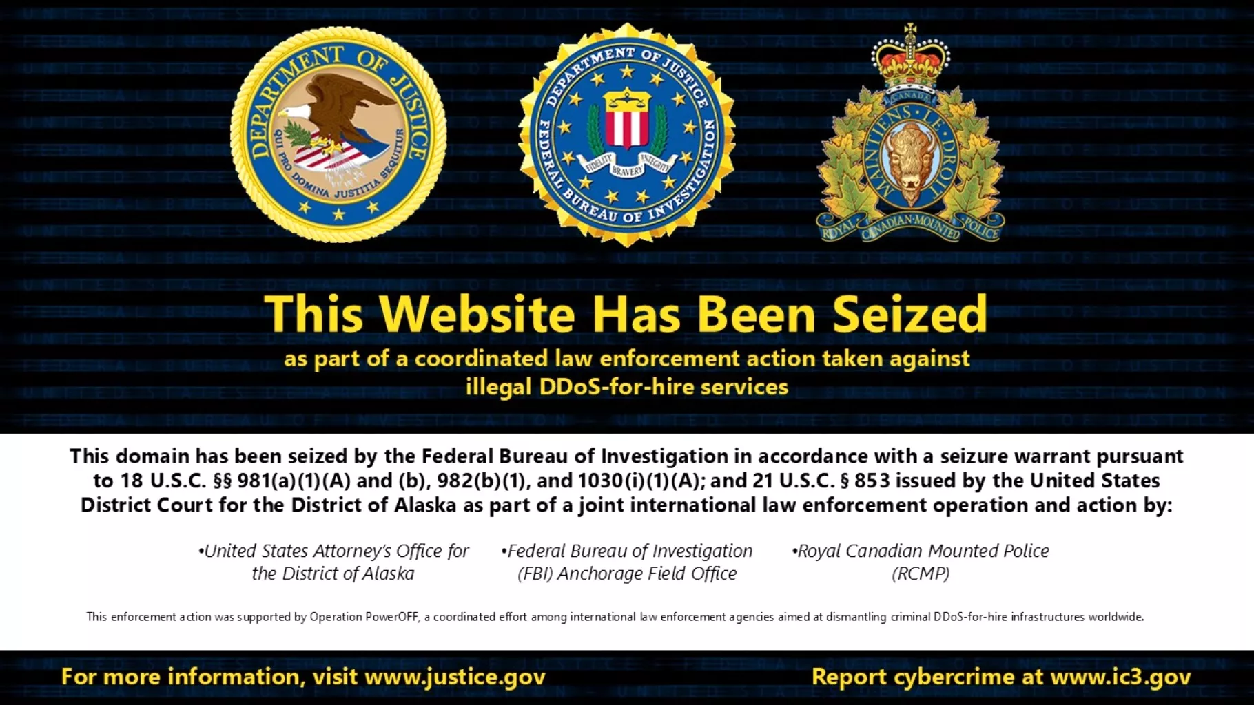 Sito web sequestrato con loghi FBI, RCMP, e DOJ, disclaimer di sequestro