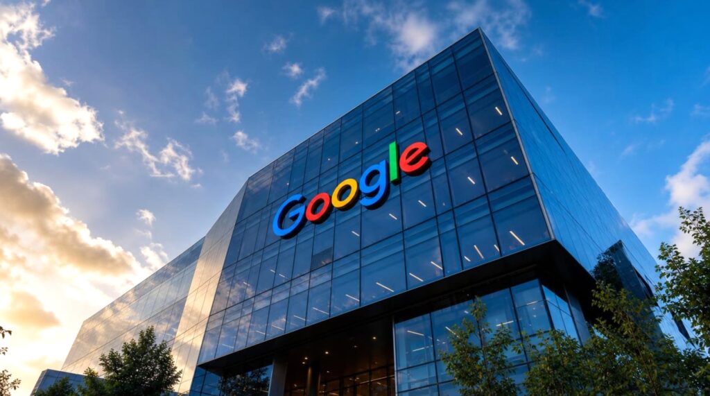 Moderno edificio Google con facciata in vetro e cielo sereno sullo sfondo