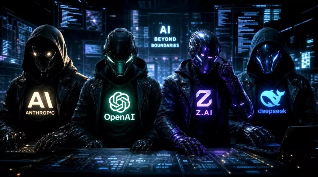Quattro hacker LLM in cappuccio e maschera con loghi luminosi, seduti davanti a schermi digitali in un contesto cybersecurity