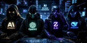 Quattro hacker LLM in cappuccio e maschera con loghi luminosi, seduti davanti a schermi digitali in un contesto cybersecurity