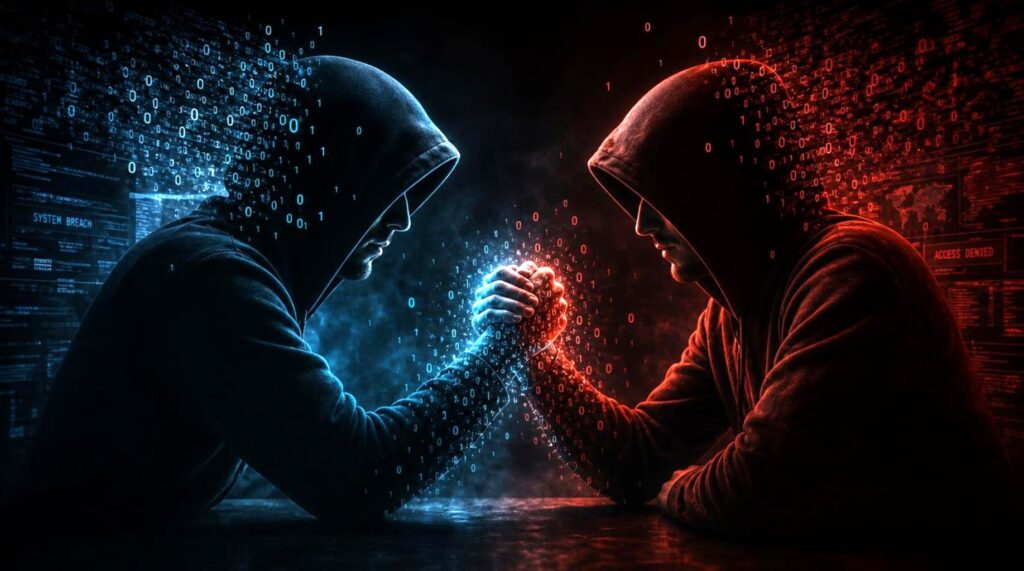 Due individui con cappucci e maschere si stringono la mano in un ambiente digitale con pattern a griglia e codice binario