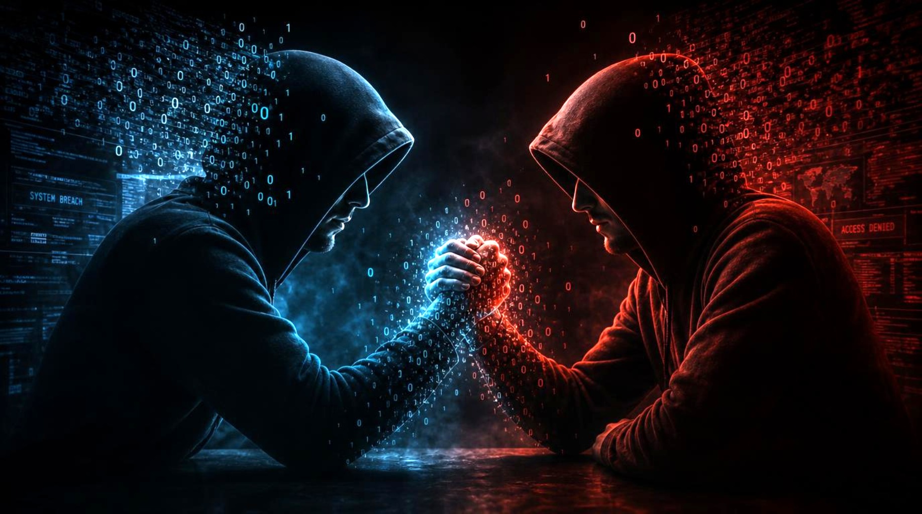 Due individui con cappucci e maschere si stringono la mano in un ambiente digitale con pattern a griglia e codice binario