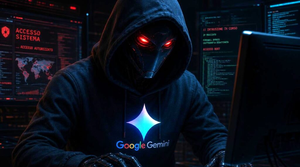 Persona con hoodie Chrome Genesis e maschera rossa, seduta davanti a un computer con interfaccia cybersecurity