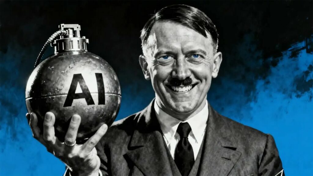 Uomo vestito da Adolf Hitler sorridente con bomba atomica con lettere AI, stile storico