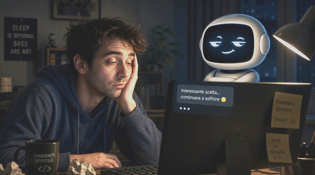 una persona assonnata sta parlando con un chatbot furbo