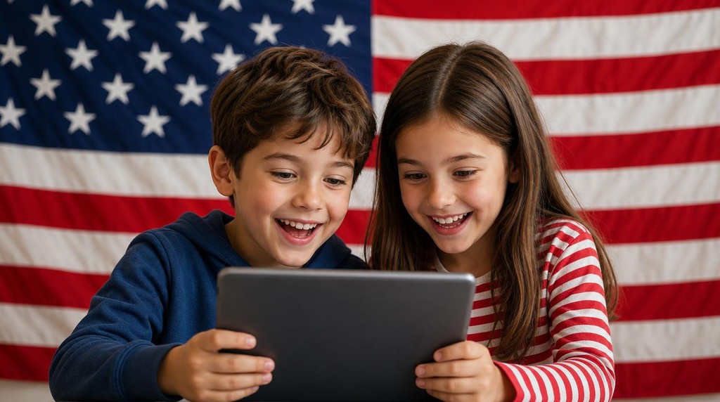 una immagine di due bambini sorridenti di fronte al tablet e sullo sfondo la bandiera degli stati uniti d'america