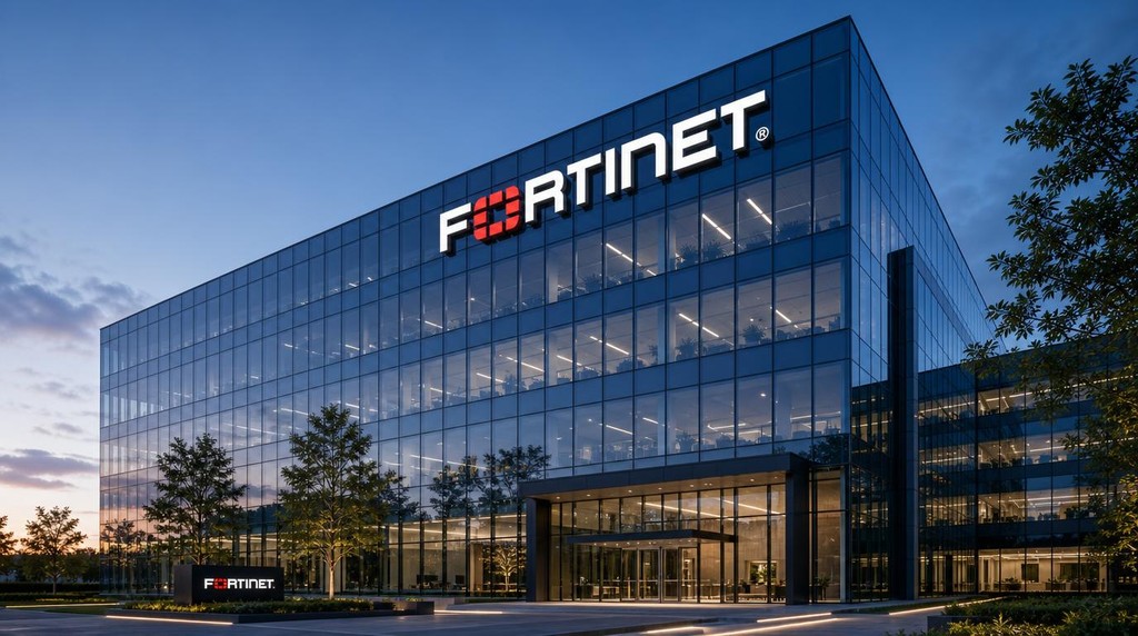 Un palazzo a vetri e il logo fortinet che svetta in alto