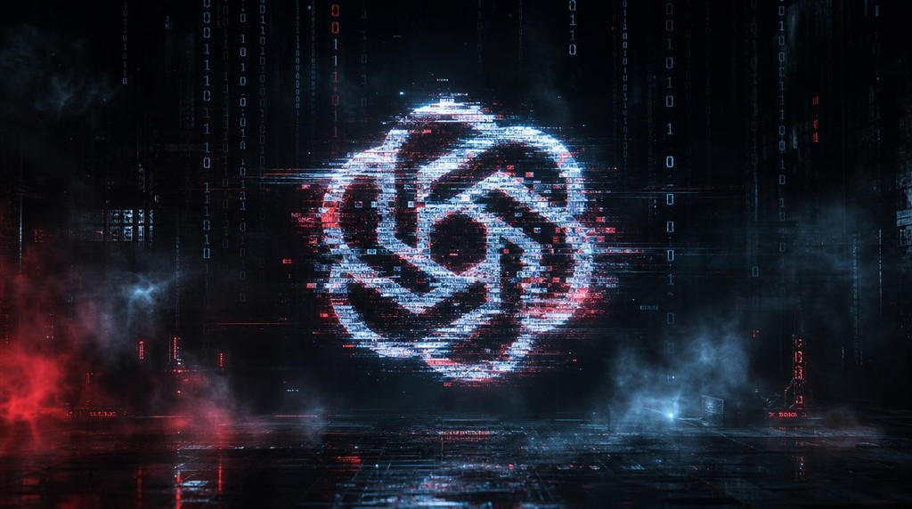 Una immagine del logo di OpenAI al centro con tanto glitch