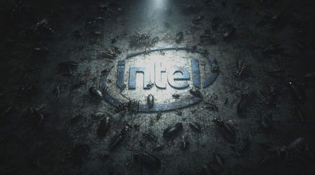 Logo Intel centrale su schermo computer, sfondo metallico scuro, testo interfaccia non leggibile