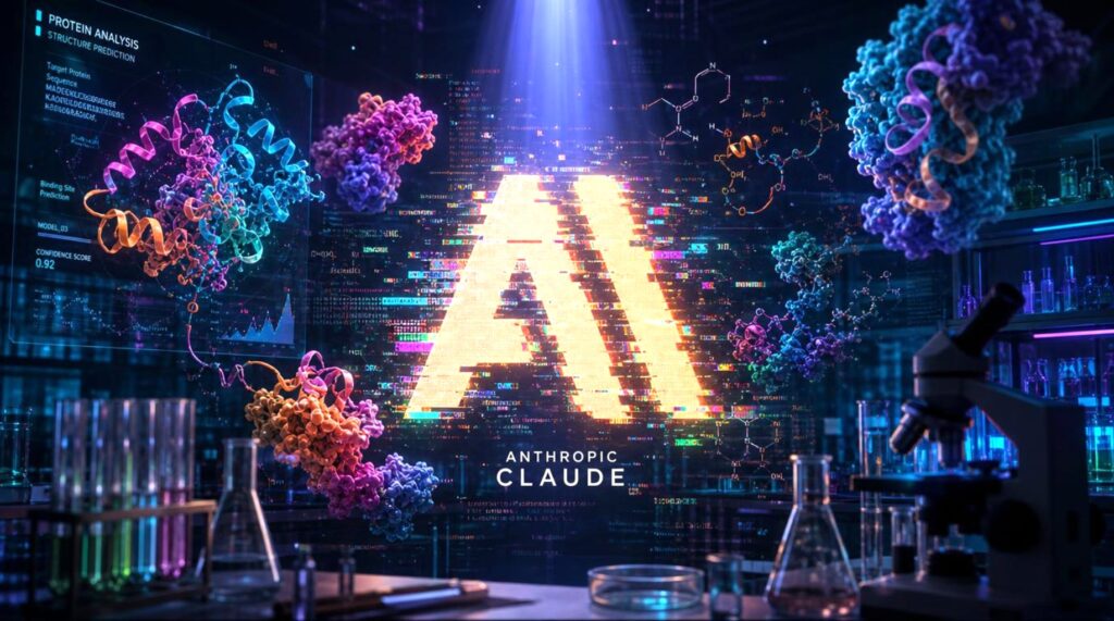 Logo stilizzato con una grande 'A' illuminata, circondata da molecular structures, circuit boards e DNA double helix