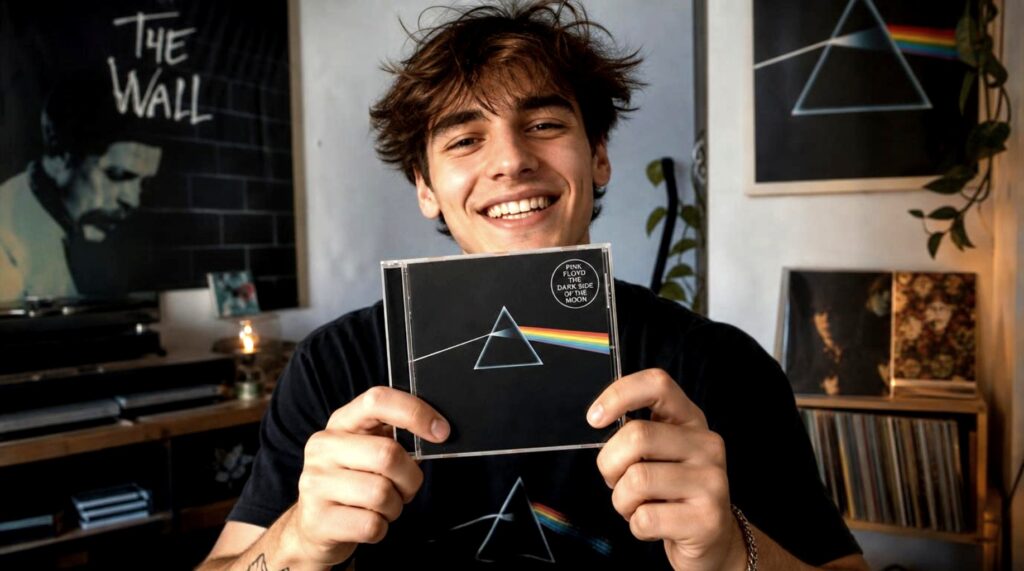 Persona sorridente che tiene in mano due CD di Pink Floyd in una stanza con luce calda