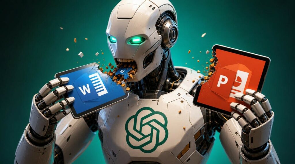 Robot umanoide bianco con occhi luminosi e antenna, tiene due tablet con loghi Windows e Microsoft Office, entrambi mostrano un segno di spunta verde.