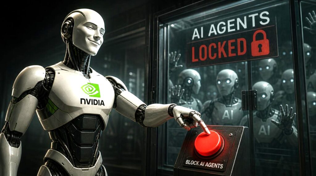 Robot in piedi davanti a una porta di vetro con la scritta 'AGENTS LOCKED', tiene un pulsante rosso in mano, riflessi multipli sulla porta.