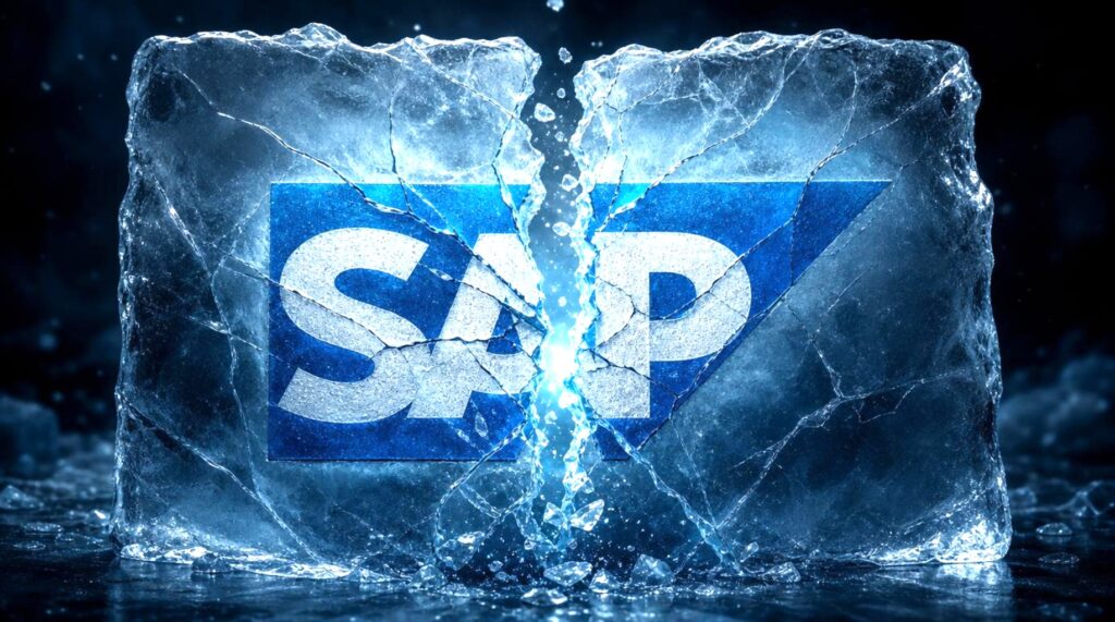 Logo SAP centrale con ghiaccio che si frantuma, su sfondo scuro, tema di vulnerabilità e sicurezza