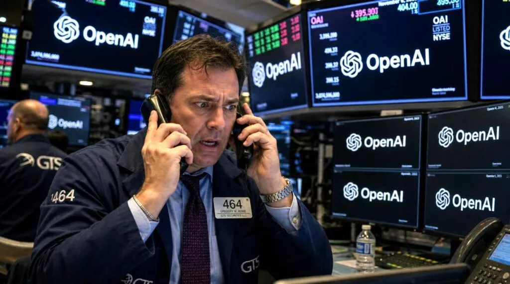 Uomo in giacca blu al telefono in una sala trading con schermi di dati finanziari
