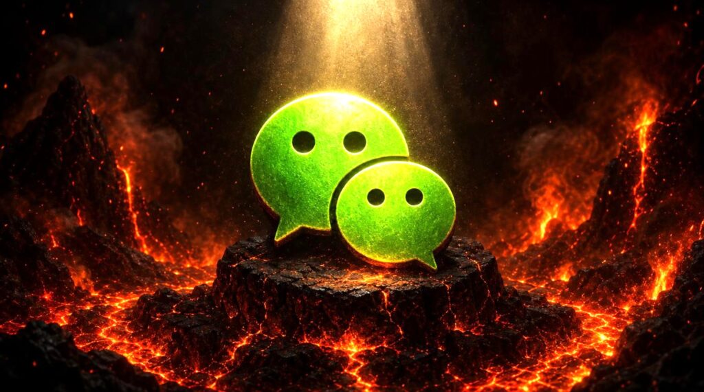 Logo di wechat e sullo sfondo una lava incandescente.