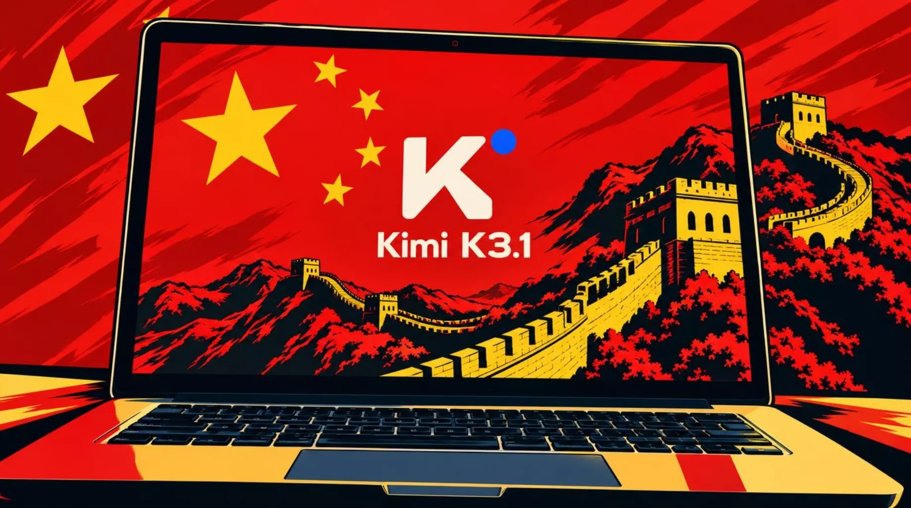 Il logo al centro di Kimi K3.1 su uno schermo di un laptop. sullo sfondo la bandiera della cina che riempie lo schermo assieme alla muraglia cinese. Stile Pop Art, con pochi colori, illustrazione, luce, prospettiva, immagine evocativa.