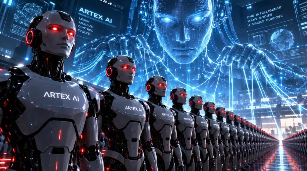 Un gruppo di robot umanoidi con sopra il petto il logo di ARTEX AI sono tutti in fila e hanno gli occhi rossi. Sullo sfondo una grande intelligenza artificiale che li controlla.