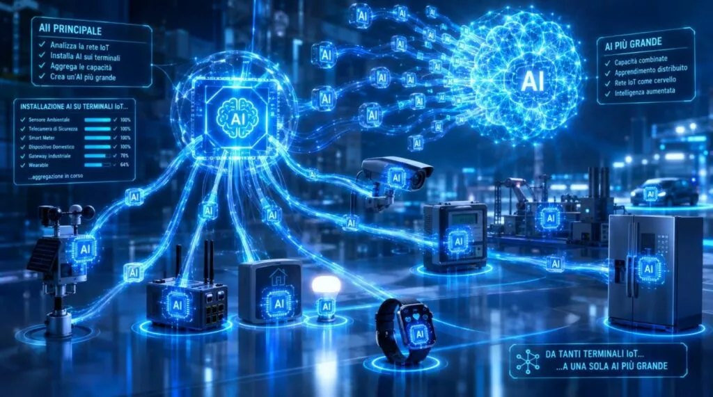 Una immagine che raffigura la creazione di una botnet worm AI, dove i dispositivi creano una intelligenza artificiale più grande diffondendola su device iot.