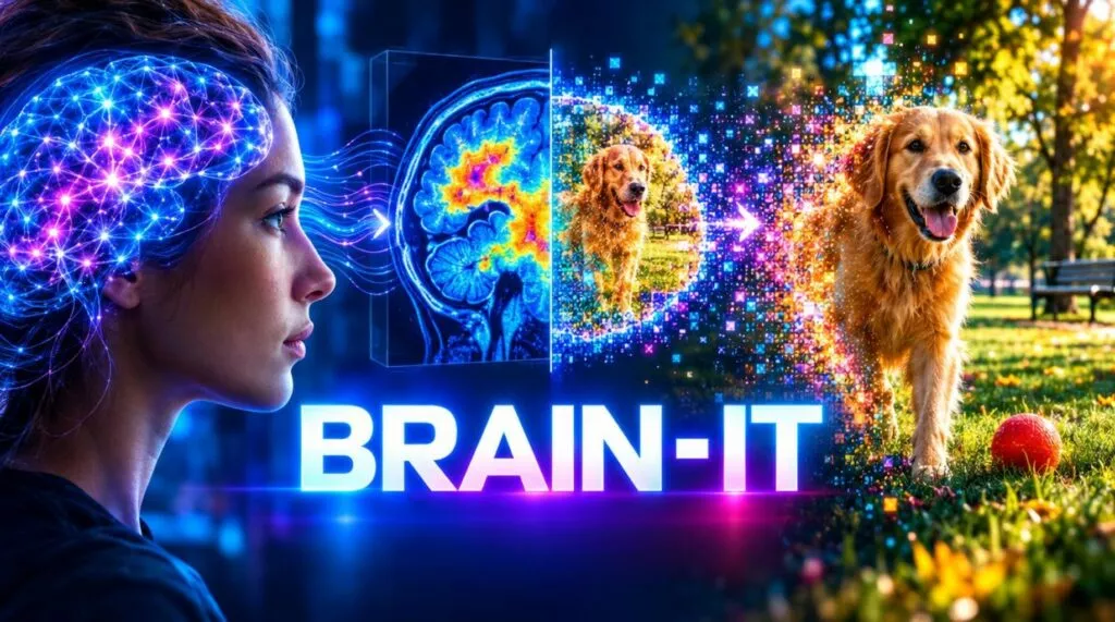 una donna sulla sinistra e sulla destra uno schermo che mostra immagini pervenute dal cervello della donna. al centro il logo brain-it.