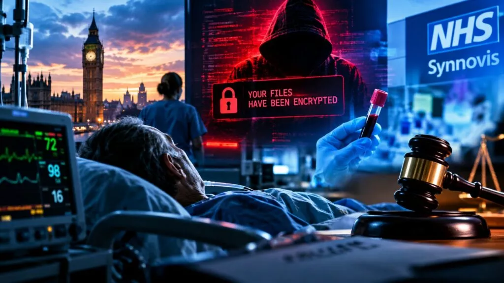 Schermo con messaggio di compromissione file, medico con tablet, paziente in ospedale