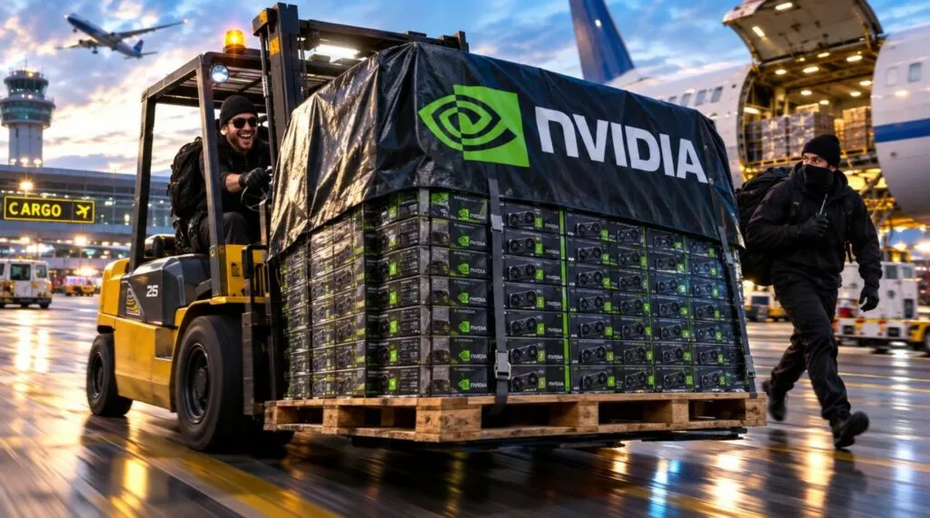 Furgone con pallet di GPU NVIDIA coperto da un telo nero, operatore con giubbotto ad alta visibilità, aeroporto con aereo in sfondo