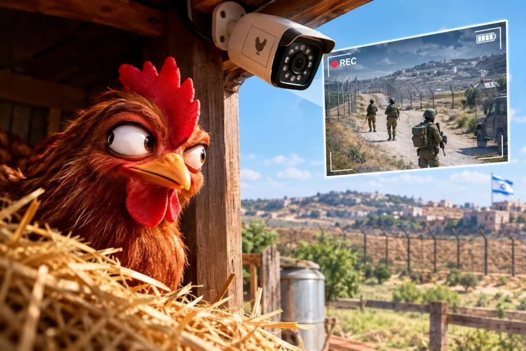 Gallina che guarda un monitor con video di persone in un ambiente rurale, con un gallo in una gabbia di paglia sullo sfondo